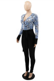 Blue Fashion Casual Print Leopard Patchwork V Neck Skinny Jumpsuits