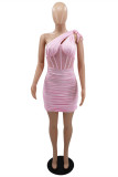 Pink Sexy Solid Patchwork See-through Backless Fold Oblique Collar Sleeveless Dress