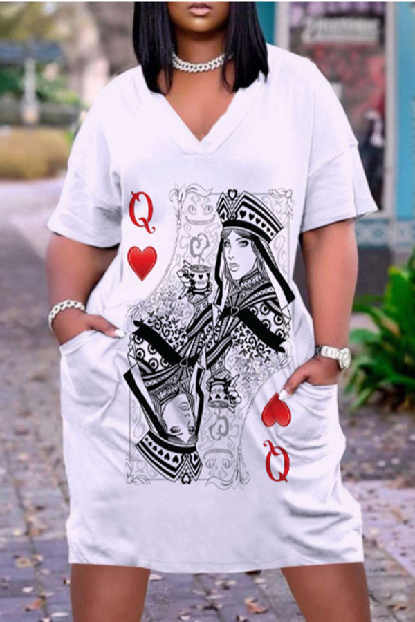 White Fashion Casual Print Basic V Neck Short Sleeve Dress