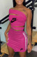 Rose Red Fashion Sexy Print Patchwork One Shoulder Sleeveless Two Pieces