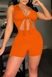 Coffee Sexy Solid Hollowed Out Patchwork Knotted Turndown Collar Regular Rompers