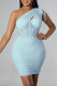 Blue Sexy Solid Patchwork See-through Backless Fold Oblique Collar Sleeveless Dress