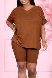Rose Red Casual Solid Patchwork V Neck Short Sleeve Two Pieces
