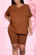 Brownness Casual Solid Patchwork V Neck Short Sleeve Two Pieces