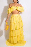 Yellow Sexy Solid Patchwork Flounce Fold Off the Shoulder Two Pieces