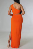 Orange Fashion Sexy Solid Bandage Slit One Shoulder Sleeveless Dress Dresses