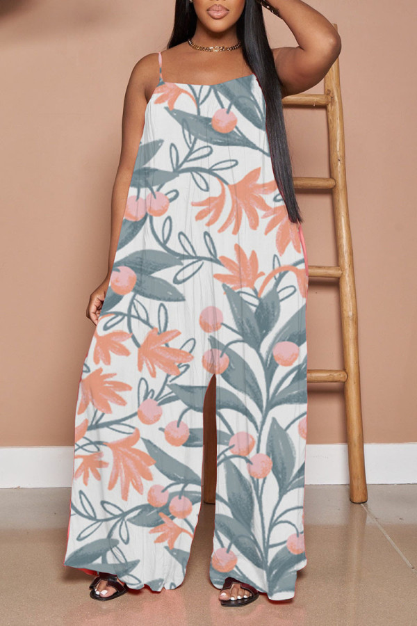 White Casual Print Patchwork Spaghetti Strap Straight Jumpsuits