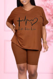 Coffee Casual Print Patchwork V Neck Short Sleeve Two Pieces