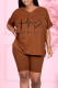 Coffee Casual Print Patchwork V Neck Short Sleeve Two Pieces