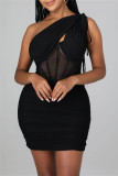 Pink Sexy Solid Patchwork See-through Backless Fold Oblique Collar Sleeveless Dress