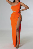 Orange Fashion Sexy Solid Bandage Slit One Shoulder Sleeveless Dress Dresses