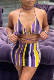 Purple Fashion Sexy Letter Striped Print Bandage Hollowed Out Spaghetti Strap Sleeveless Two Pieces