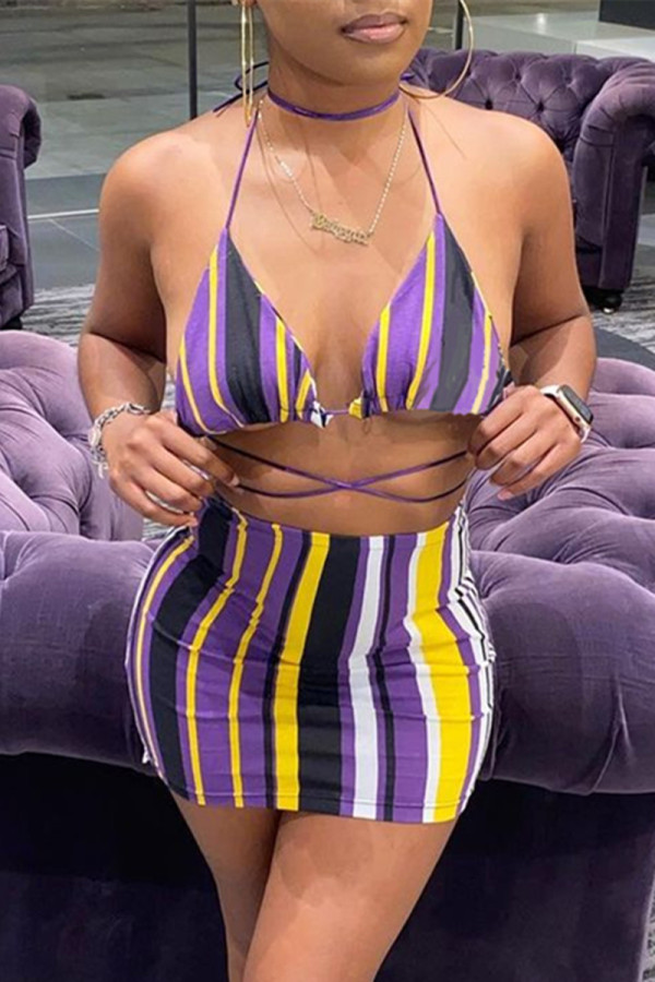 Purple Fashion Sexy Letter Striped Print Bandage Hollowed Out Spaghetti Strap Sleeveless Two Pieces