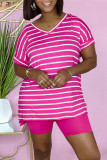 Rose Red Fashion Casual Striped Print Basic V Neck Short Sleeve Two Pieces
