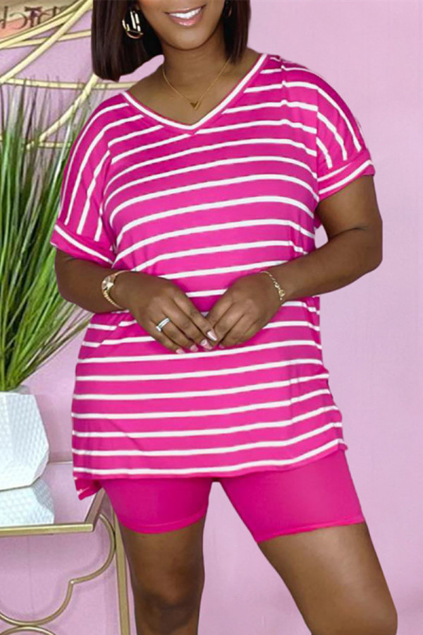 Rose Red Fashion Casual Striped Print Basic V Neck Short Sleeve Two Pieces