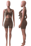 Coffee Sexy Solid Hollowed Out Patchwork Knotted Turndown Collar Regular Rompers