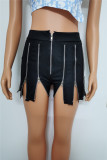 Black Fashion Casual Solid Split Joint Zipper Regular Mid Waist Shorts