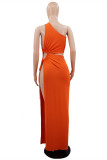 Orange Fashion Sexy Solid Bandage Slit One Shoulder Sleeveless Dress Dresses