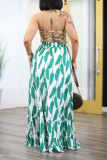 Red Sweet Print Patchwork Backless Halter A Line Dresses