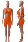 Coffee Sexy Solid Hollowed Out Patchwork Knotted Turndown Collar Regular Rompers