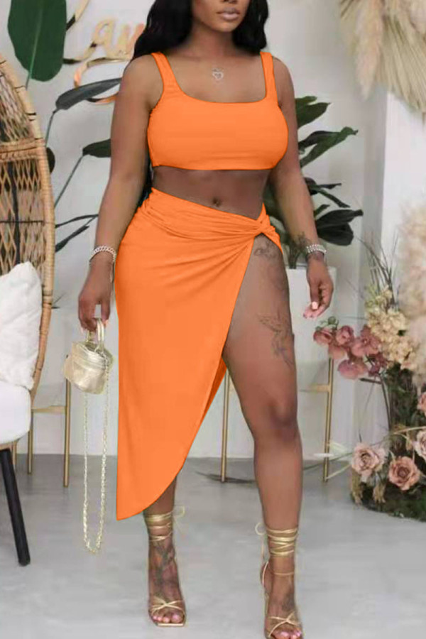 Tangerine Sexy Solid Patchwork Slit Asymmetrical U Neck Two Pieces