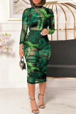 Green Fashion Sexy Solid See-through Fold Half A Turtleneck Long Sleeve Three-piece Set