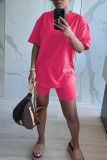 Rose Red Casual Solid Patchwork O Neck Short Sleeve Two Pieces
