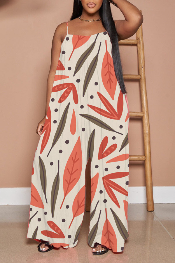 Tangerine Red Casual Print Patchwork Spaghetti Strap Straight Jumpsuits