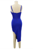 Blue Fashion Sexy Solid Split Joint Backless Slit Spaghetti Strap Sleeveless Dress