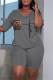 Dark Gray Fashion Casual Print Basic V Neck Short Sleeve Two Pieces