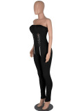 Red Sexy Solid Patchwork Chains Strapless Regular Jumpsuits