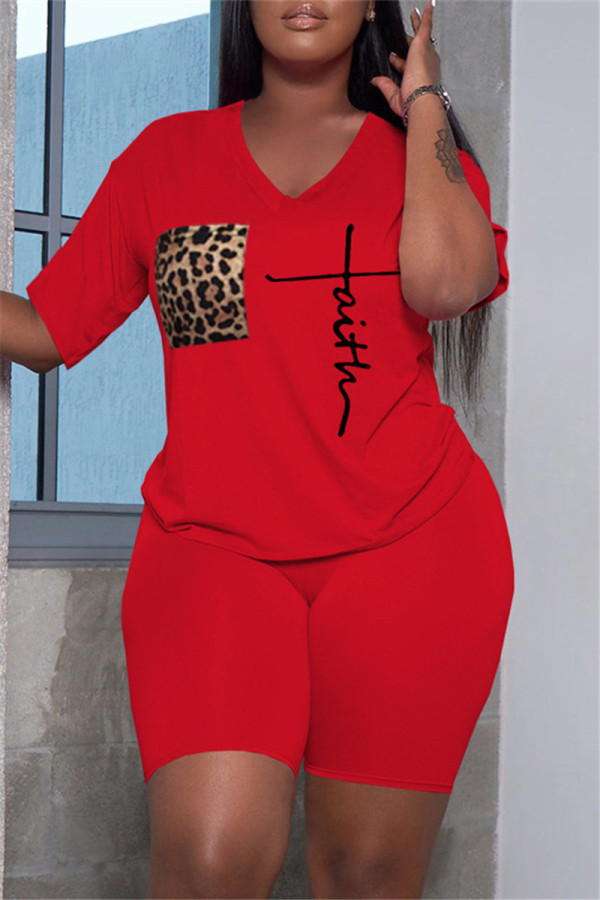 Red Fashion Casual Print Basic V Neck Short Sleeve Two Pieces
