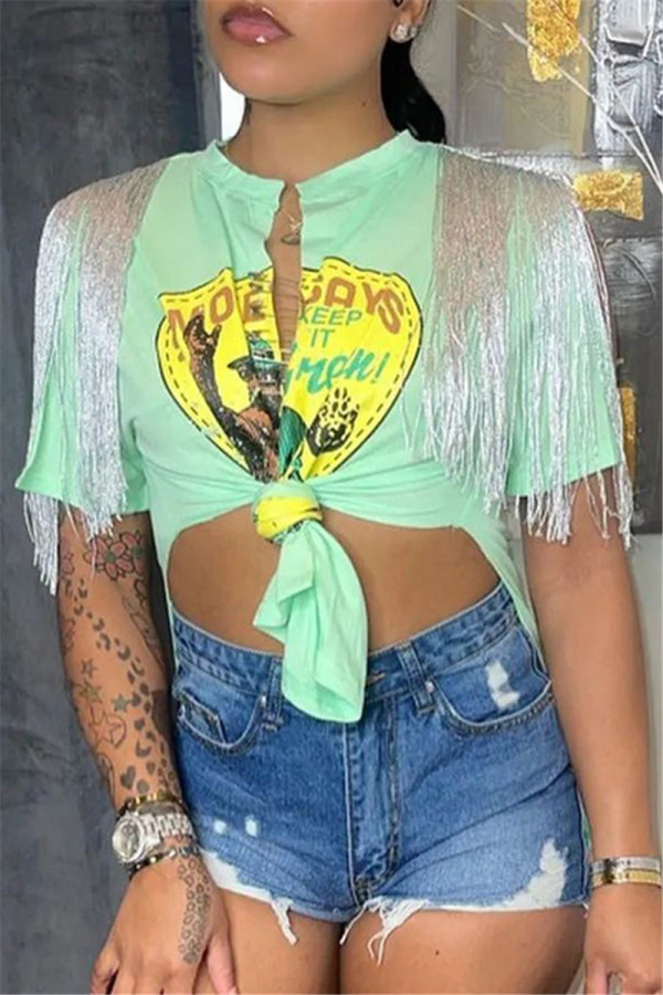 Green Fashion Casual Print Tassel Patchwork Slit V Neck T-Shirts