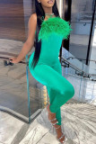Green Fashion Casual Solid Patchwork Backless Strapless Skinny Jumpsuits
