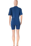 Deep Blue Casual Street Print Tassel Patchwork V Neck Short Sleeve Two Pieces