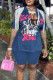 Deep Blue Casual Street Print Tassel Patchwork V Neck Short Sleeve Two Pieces