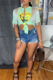 Deep Blue Fashion Casual Print Tassel Patchwork Slit V Neck T-Shirts
