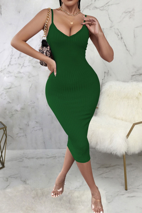 Green Sexy Solid Patchwork Spaghetti Strap One Step Skirt Dresses