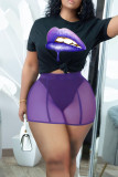 Black Sexy Print Patchwork See-through O Neck Short Sleeve Two Pieces