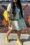 Colour Fashion Print Patchwork V Neck Cake Skirt Dresses