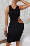 Black Fashion Sexy Solid Hollowed Out O Neck Vest Dress