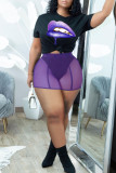 Black Sexy Print Patchwork See-through O Neck Short Sleeve Two Pieces
