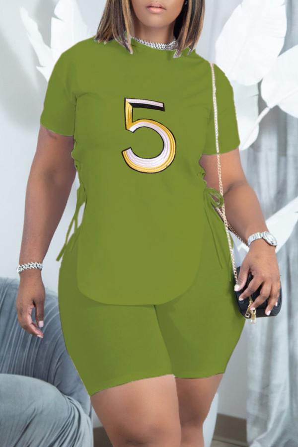 Fluorescent Green Casual Print Bandage Asymmetrical O Neck Short Sleeve Two Pieces