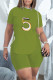 Fluorescent Green Casual Print Bandage Asymmetrical O Neck Short Sleeve Two Pieces