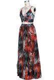 Red Sexy Print Slit Spaghetti Strap Sleeveless Two Pieces