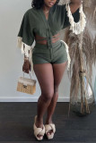Gray Green Sexy Solid Tassel Patchwork Buckle Asymmetrical V Neck Half Sleeve Two Pieces