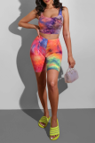 Blue Sexy Print Patchwork Square Collar Sleeveless Two Pieces