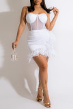 White Sexy Solid Patchwork See-through Backless Spaghetti Strap Sleeveless Dress