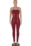 Red Sexy Solid Patchwork Chains Strapless Regular Jumpsuits