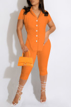 Orange Fashion Casual Solid Asymmetrical Turndown Collar Short Sleeve Two Pieces